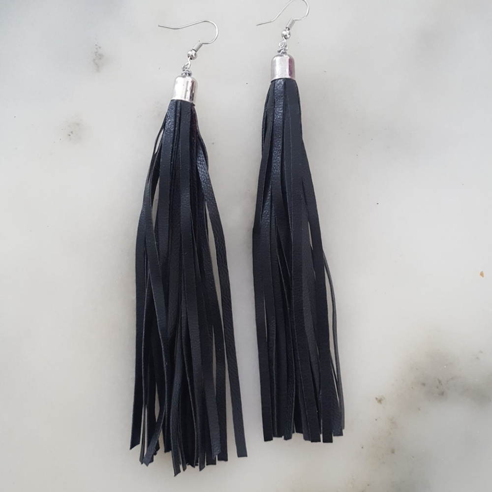 Black leather fringe earrings